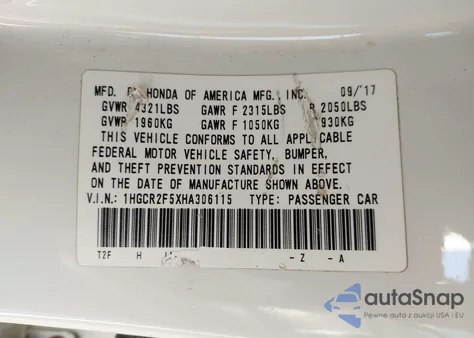 2017 Honda Accord Sport from USA, damaged, VIN 1HGCR2F5XHA306115